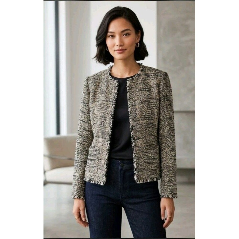 Kate Spade Party Tweed Jacket 6 Black/Gold Metallic Frayed Trim Pockets